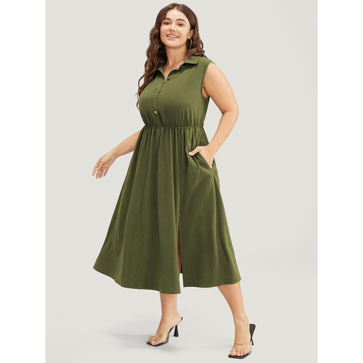 Plus Size Solid Shirt Collar Sleeveless Pocket Button Up Split Hem Dress ArmyGreen Women Office Button Shirt collar Sleeveless Curvy Midi Dress BloomChic 30/6X Product Image