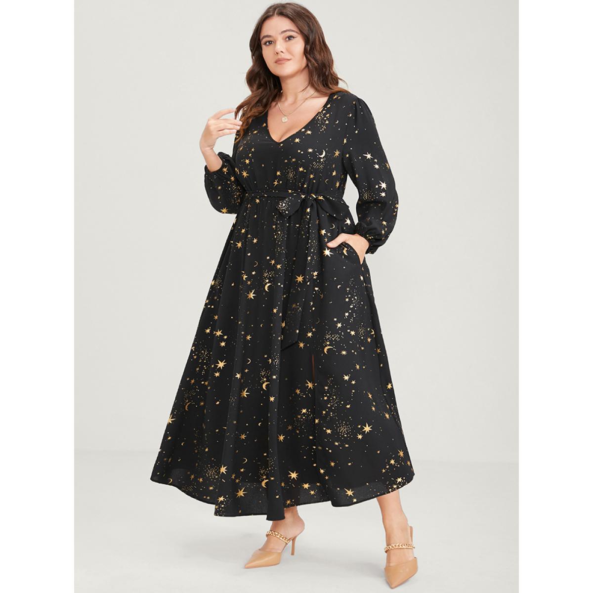 Plus Size Moon And Star Pocket Split Belted Bodycon Dress Black Women Party Pocket V-neck Long Sleeve Curvy Midi Dress BloomChic 22-24/3X Product Image