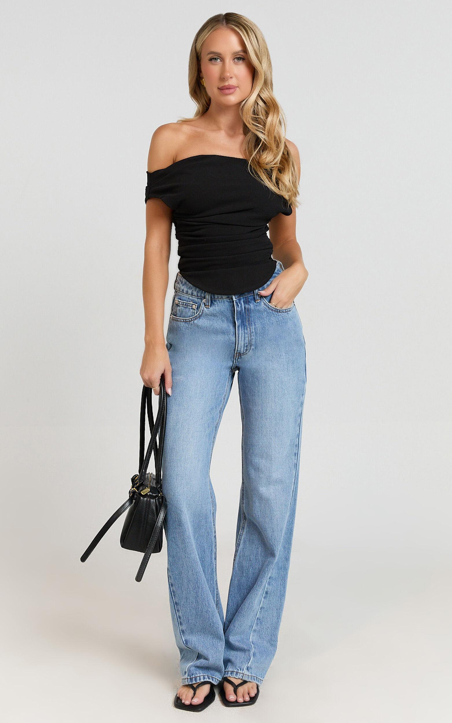 Cleo Top - Off Shoulder Curved Hem Top in Black Product Image