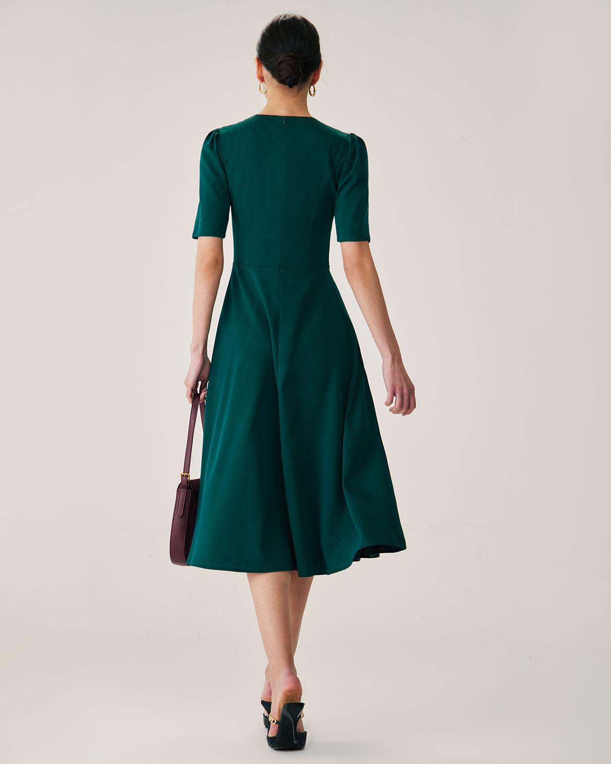 Green Puffed Sleeve Button Midi Dress Product Image