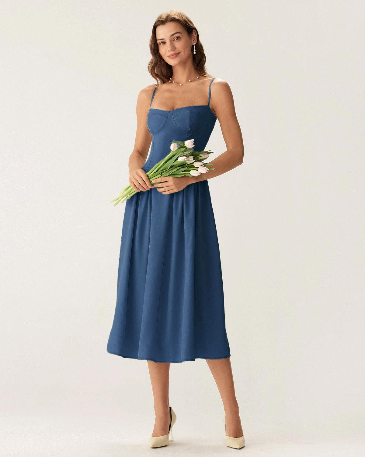 Navy Square Neck Pocket Slip Midi Dress Product Image