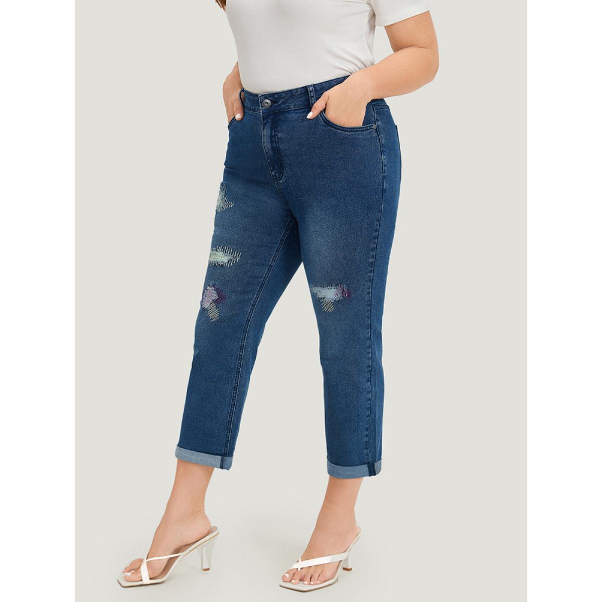Plus Size Ripped Embroidered Roll Hem Very Stretchy Jeans Women Stone Casual Plain Distressed High stretch Pocket Jeans BloomChic 10/M Product Image