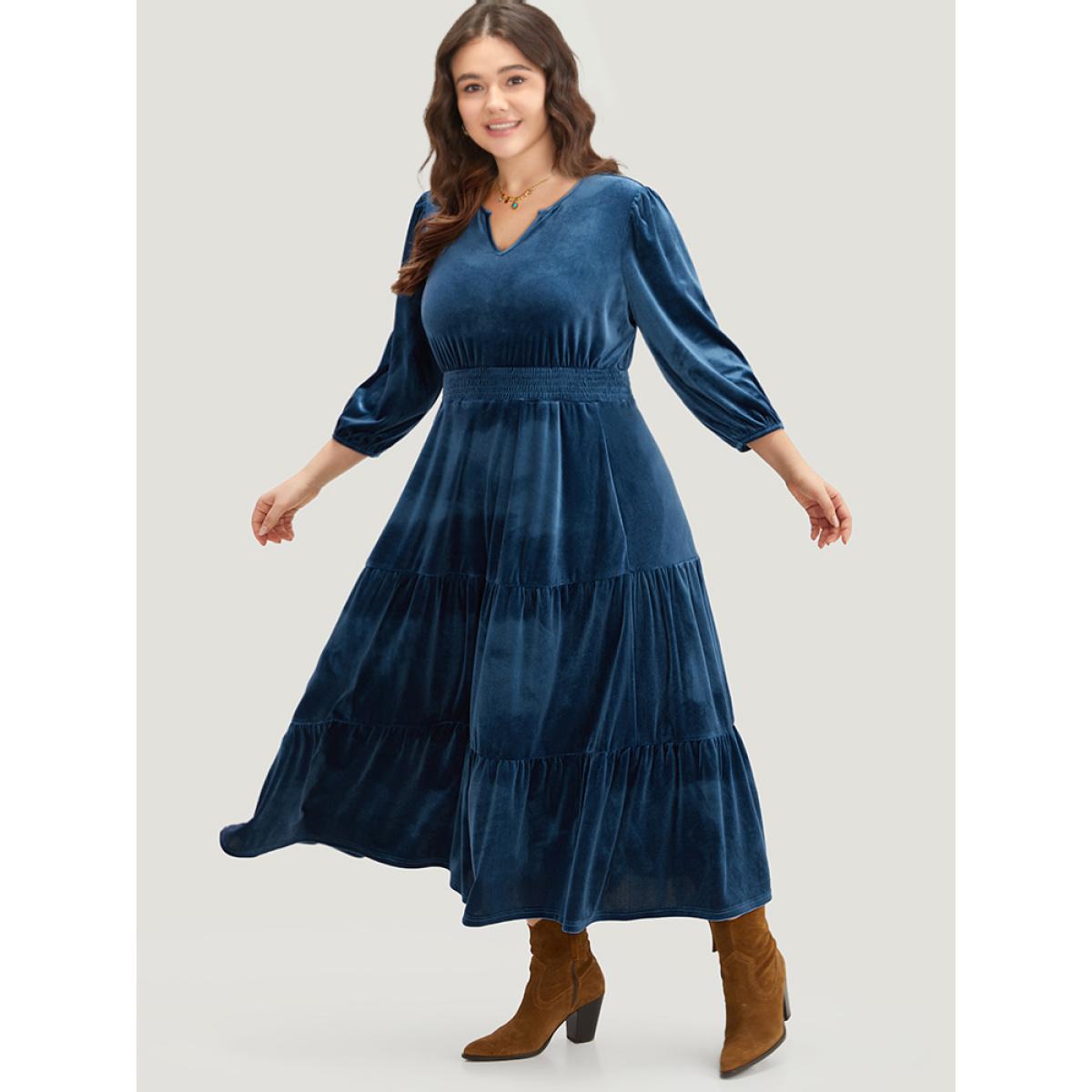 Plus Size Velvet Solid Notched Shirred Tiered Hem Dress Cerulean Women Vacation Elastic cuffs Notched collar Elbow-length sleeve Curvy Midi Dress BloomChic 14-16/1X Product Image
