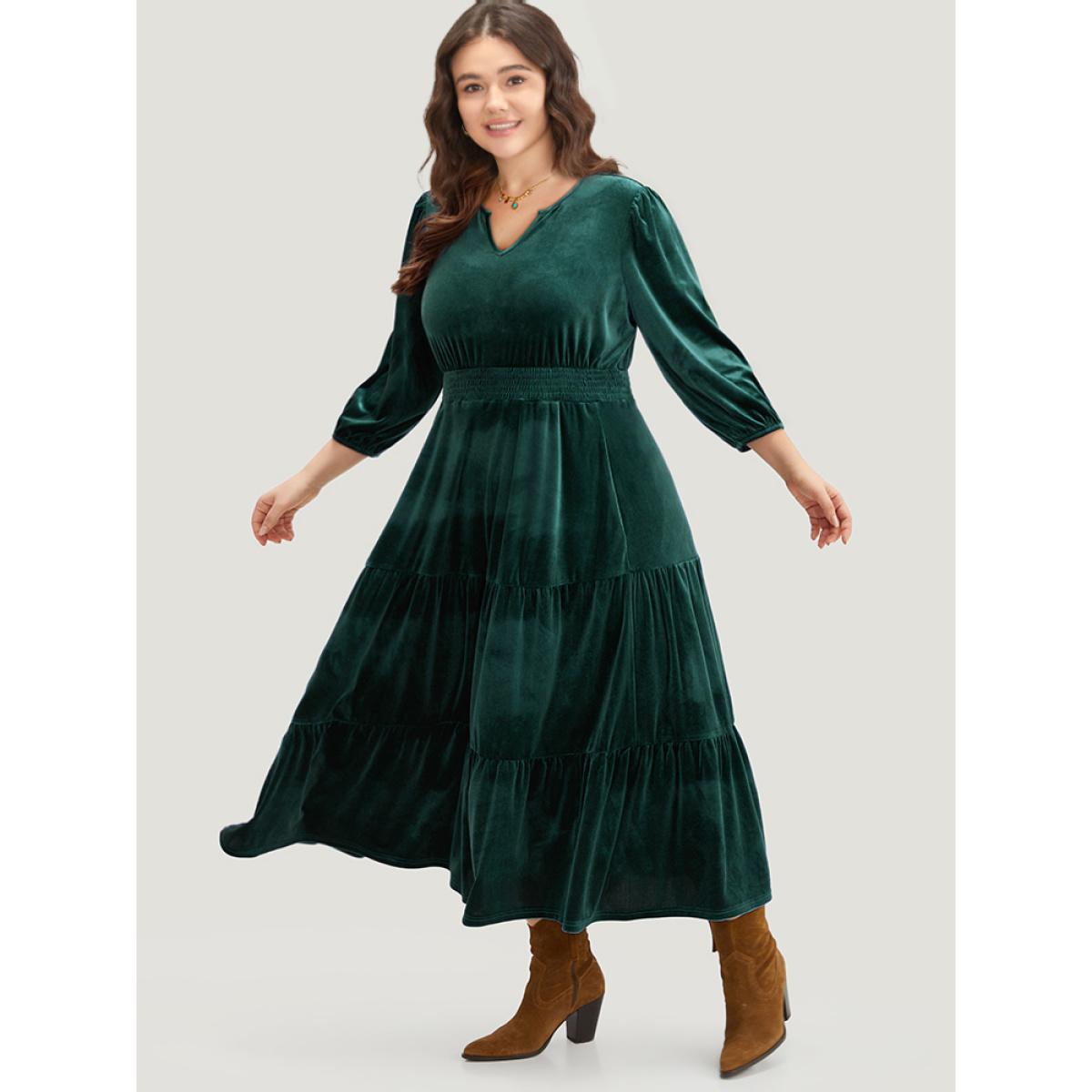 Plus Size Velvet Solid Notched Shirred Tiered Hem Dress DarkGreen Women Vacation Elastic cuffs Notched collar Elbow-length sleeve Curvy Midi Dress BloomChic 26/4X Product Image