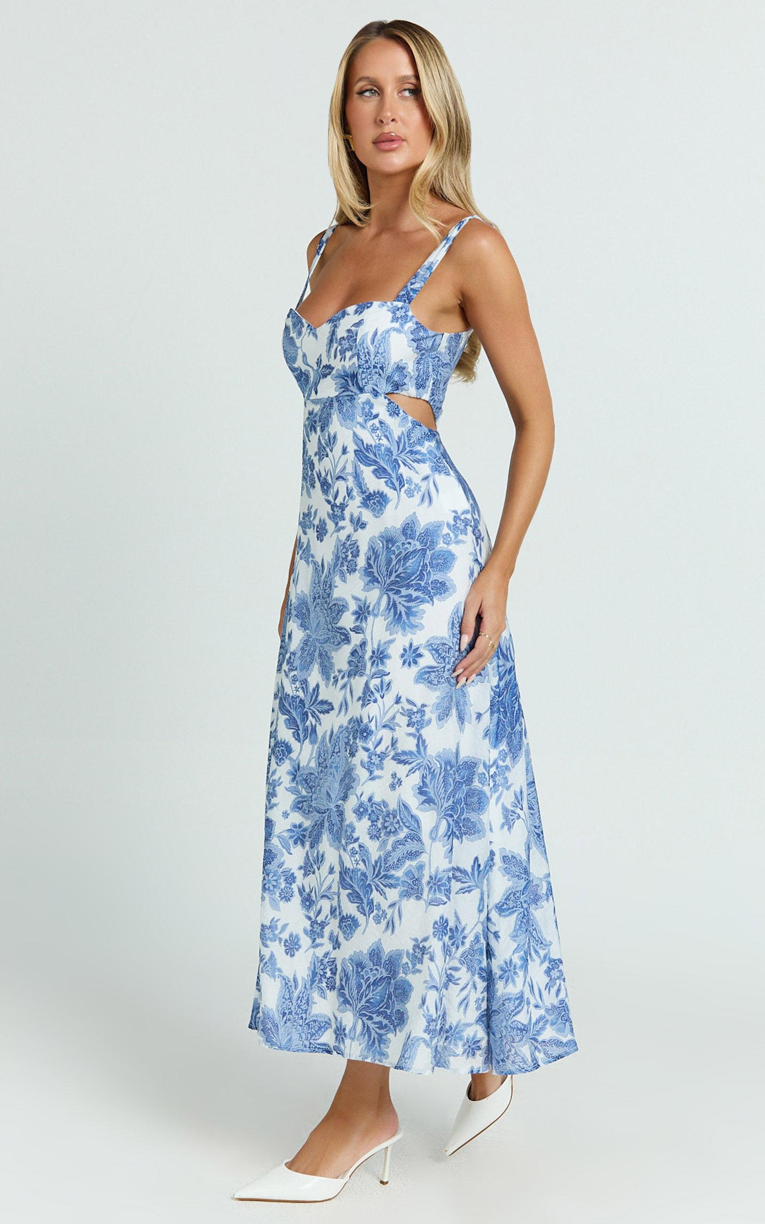Jackleyn Midi Dress - Sweetheart A Line Dress in Blue Floral Product Image
