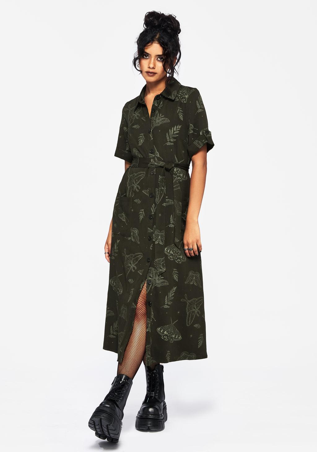 Callopistria Moth Print Midi Shirt Dress - Green Product Image