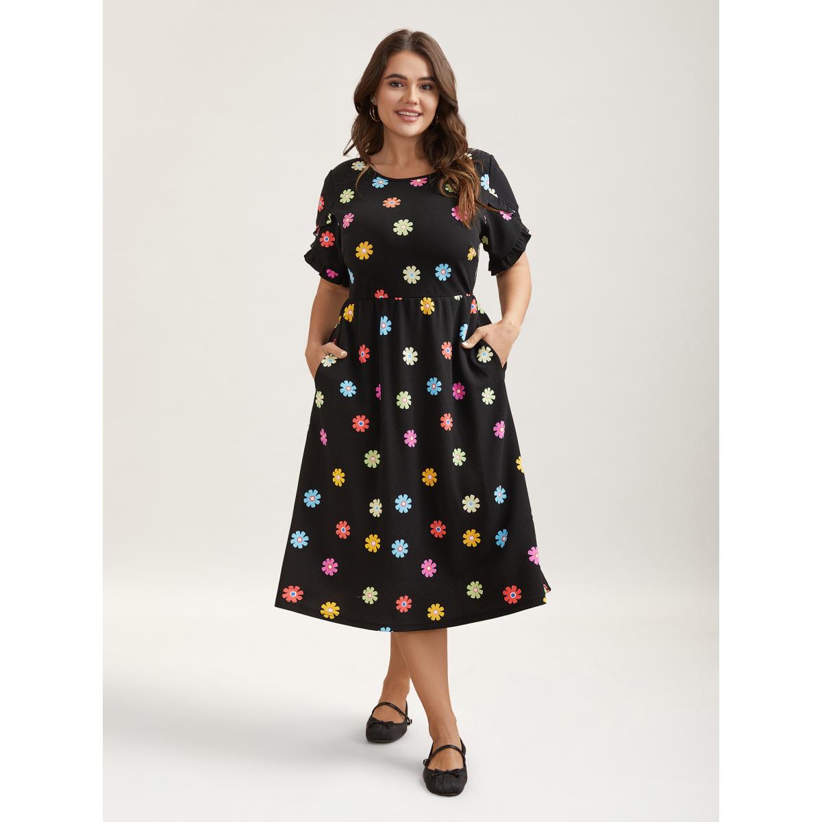 Plus Size Stretchy-Waist Floral Print Pockets Midi Dress Black Women Leisure Texture Knit Dresses Bloomchic 14-16/1X Product Image