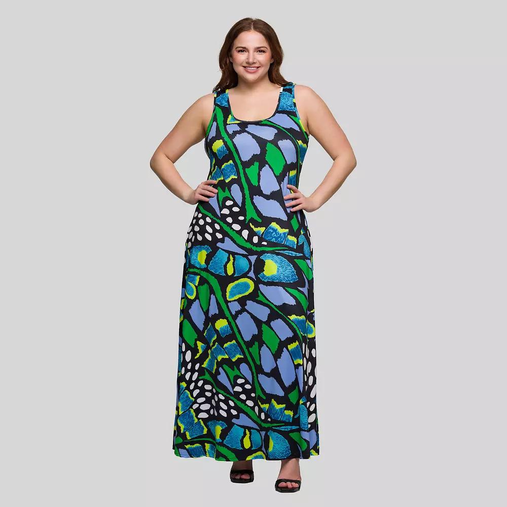 Plus Size 24Seven Comfort Apparel Butterfly Print Scoop Neck A-Line Maxi Dress, Women's, Size: 2XL, Green Team Product Image