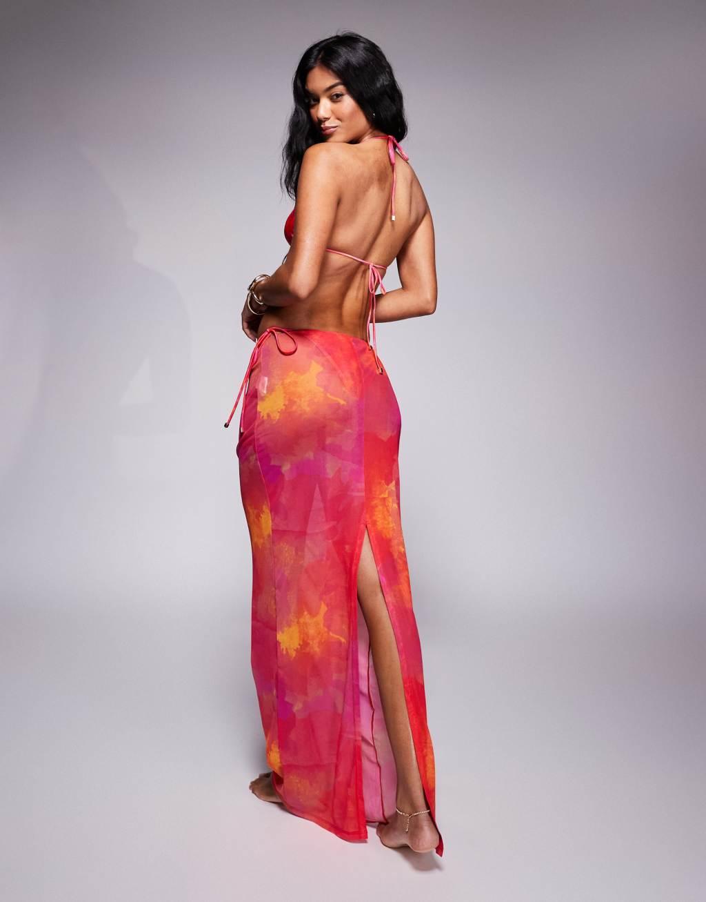 South Beach abstract print mesh maxi beach skirt in pink Product Image