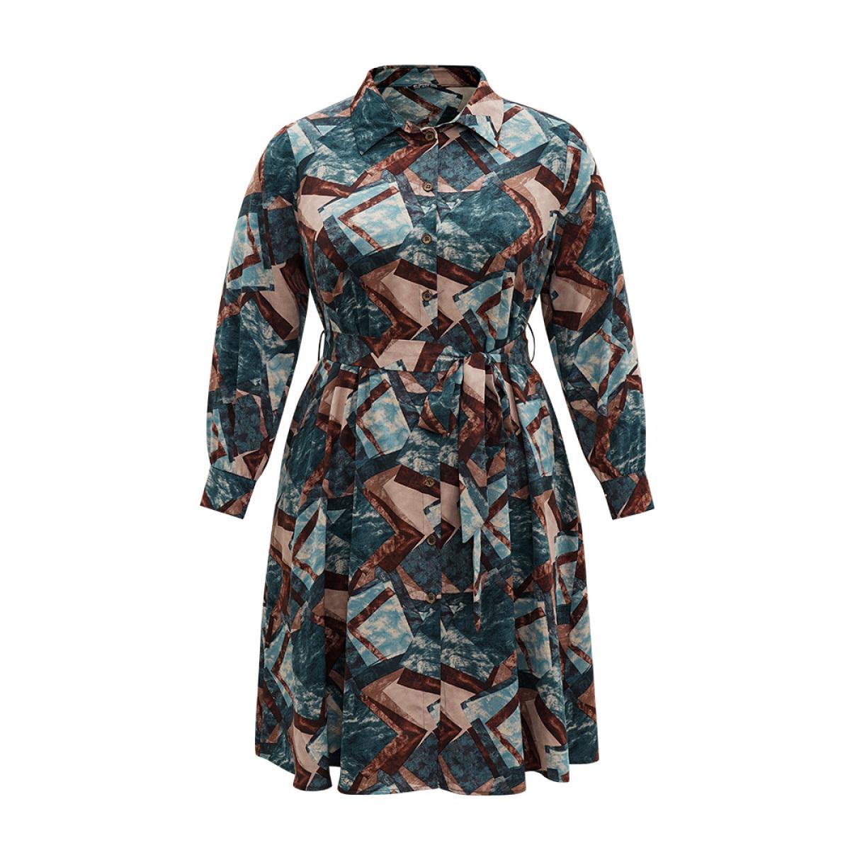 Plus Size Geometric Colorblock Button Through Belted Dress Aegean Women Office Belted Shirt collar Long Sleeve Curvy Midi Dress BloomChic 12/L Product Image