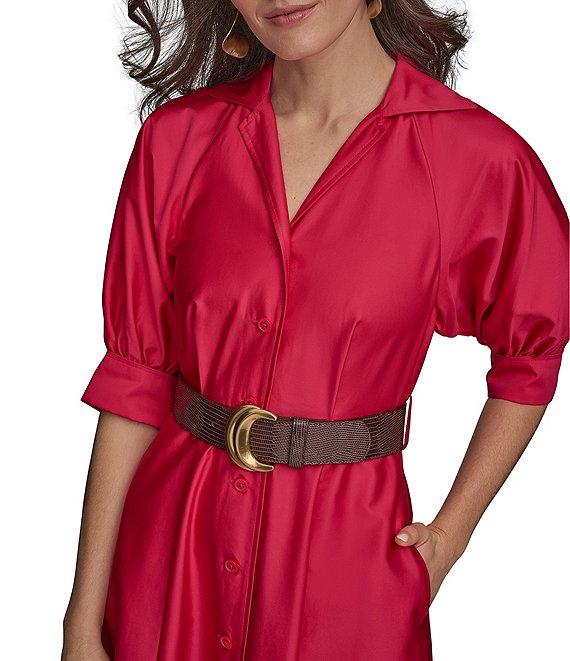Donna Karan Cotton Sateen Collared Neck Short Sleeve Belted Midi Shirt Dress Product Image
