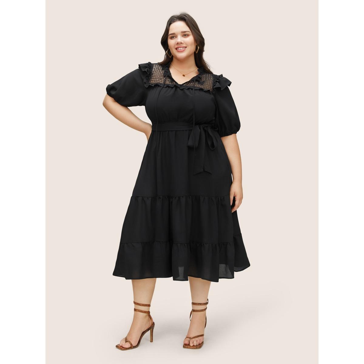 Plus Size Butterfly Patchwork Tie Neck Ruffles Belted Dress Black Women At the Office Non V-neck Short sleeve Curvy Midi Dress BloomChic 14-16/1X Product Image