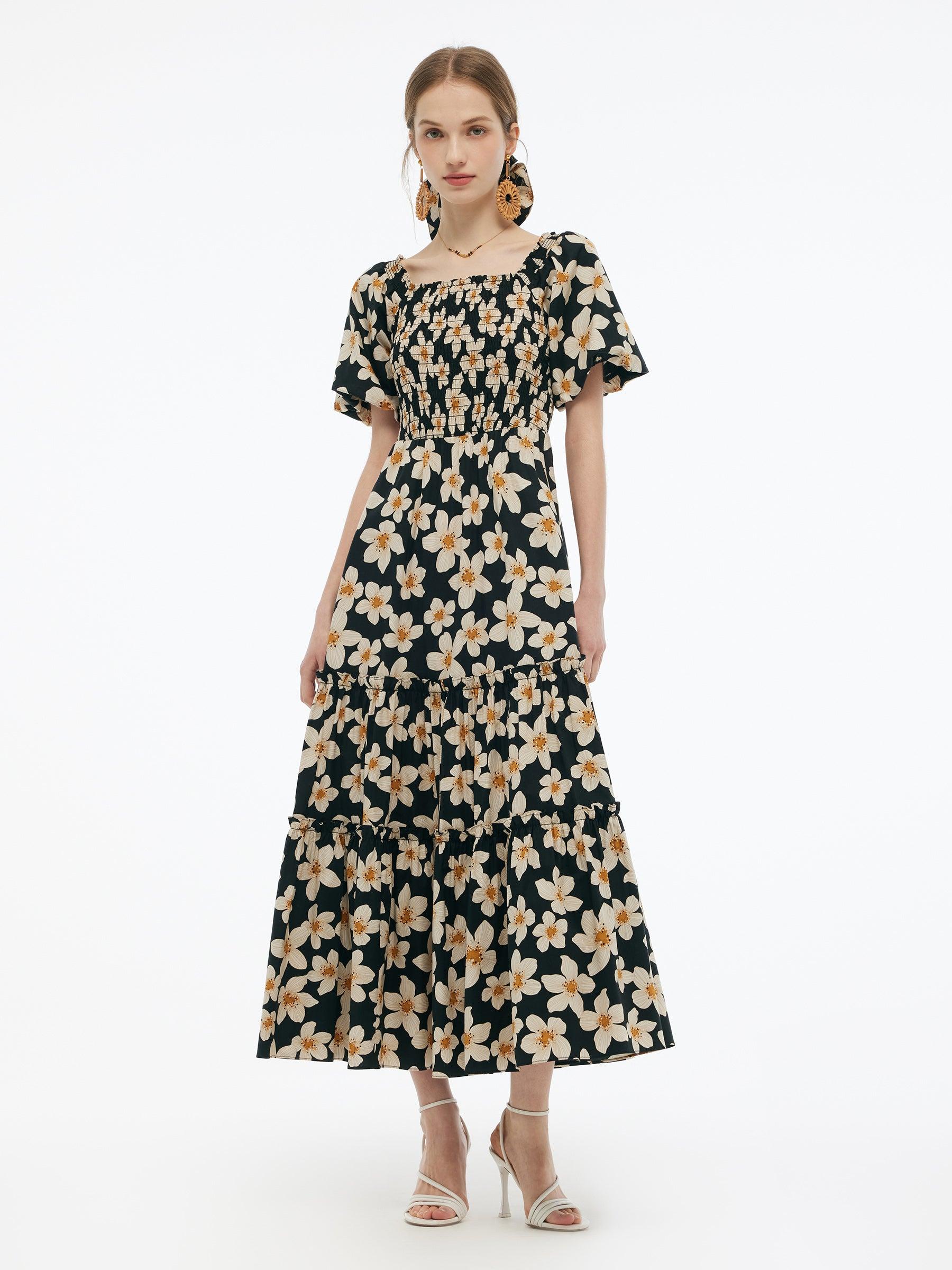 Cotton Stretch Floral Print Women Smocked Maxi Dress Product Image