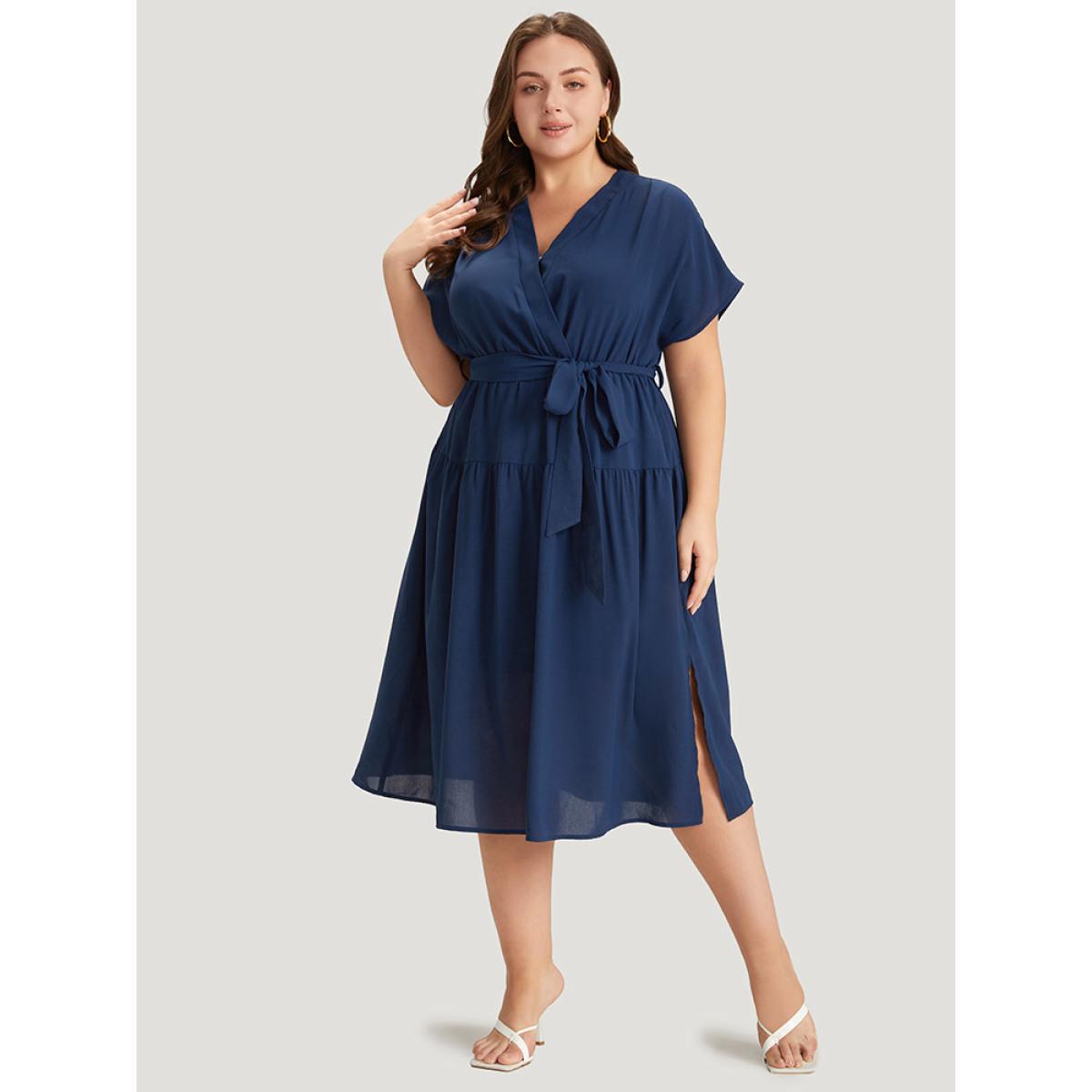Plus Size Plain Wrap Belted Ruffles Split Hem Dress DarkBlue Women Elegant V-neck Short sleeve Curvy Midi Dress BloomChic 14-16/1X Product Image