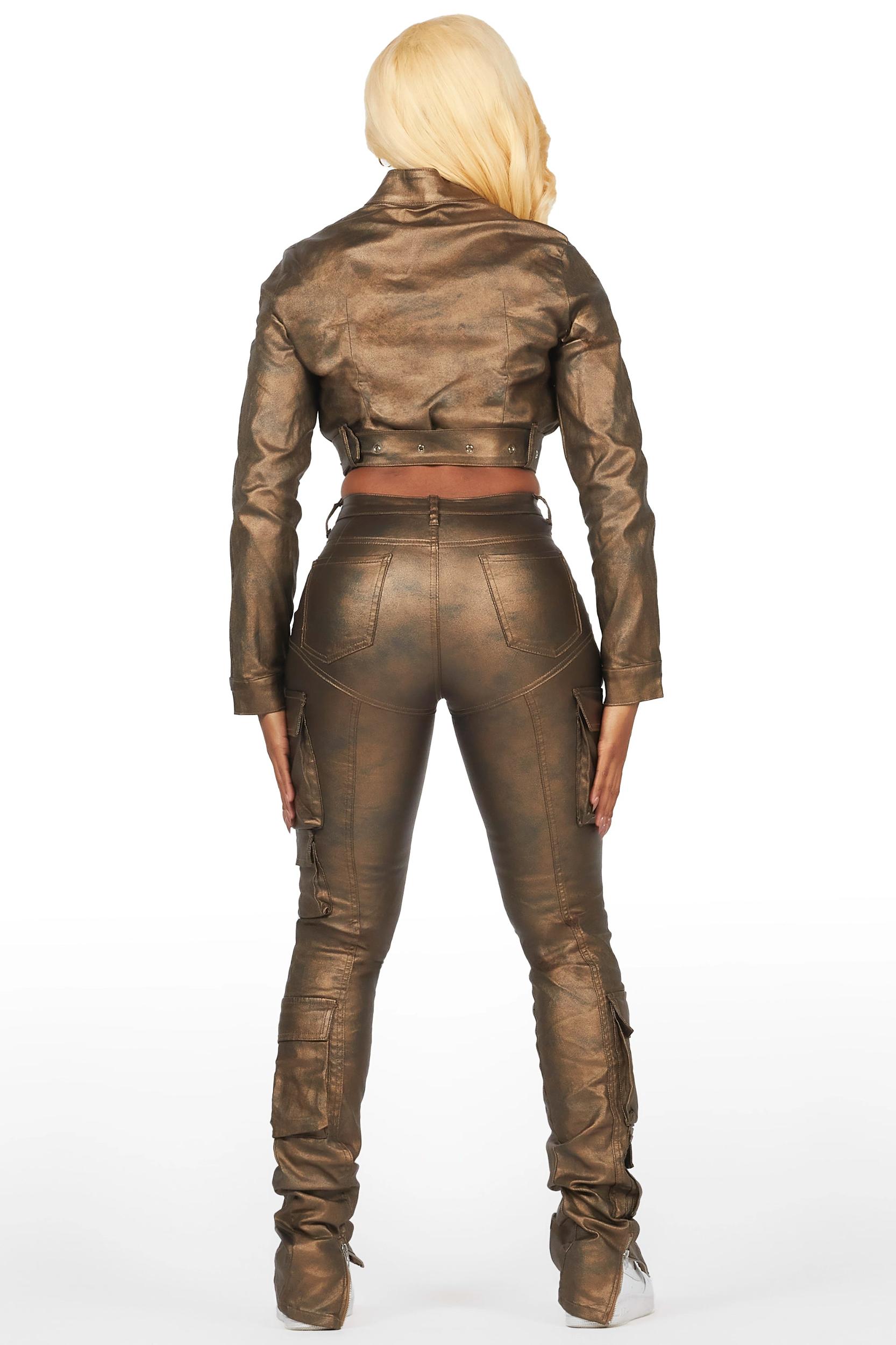 Teeoina Gold Coated Black Skinny Stacked PU Pant Female Product Image