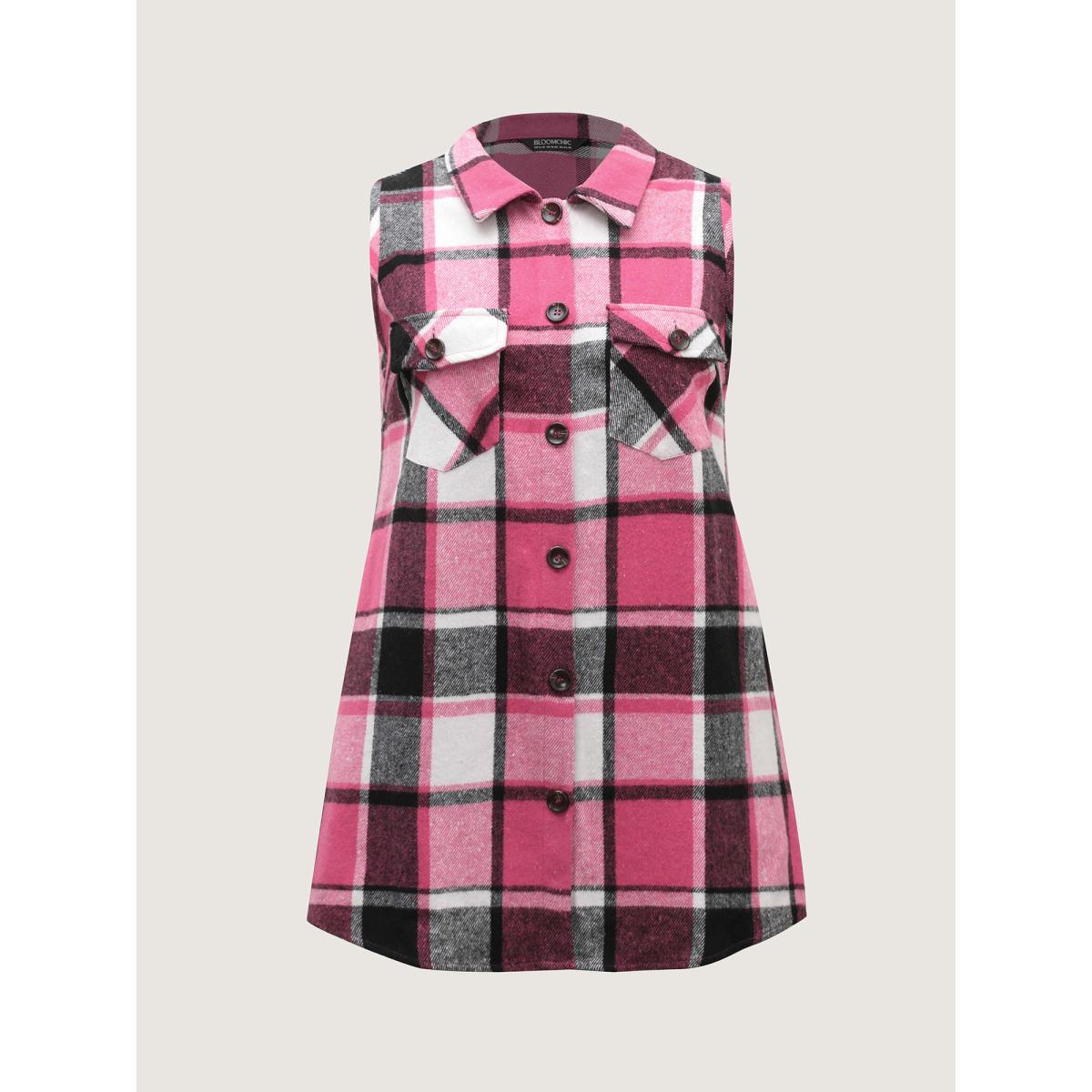 Plus Size Plaid Flap Detail Sleeveless Jacket Women Rosered Button Side seam pocket Casual Jackets BloomChic 28/5X Product Image