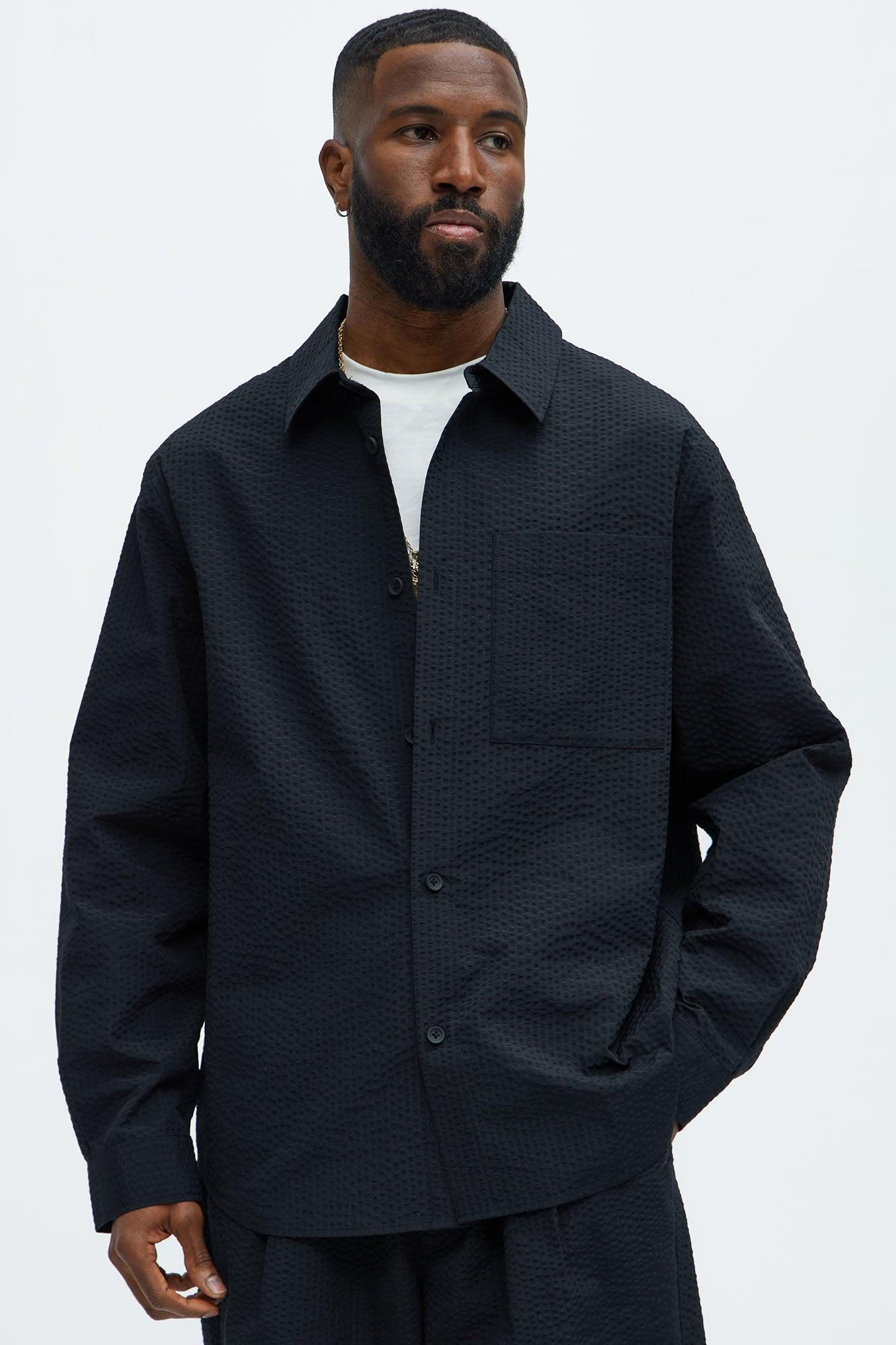 Seersucker Long Sleeve Button Up Shirt - Black Product Image