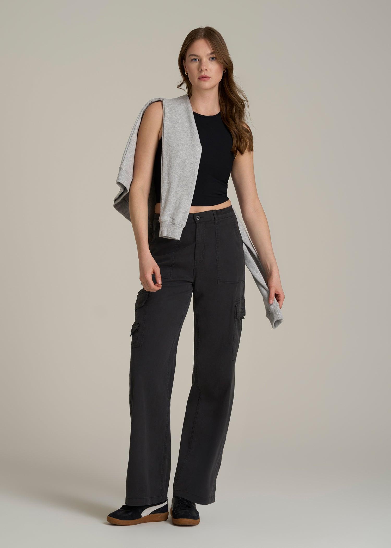 Garment Dyed Wide Leg Cargo Pants for Tall Women in Washed Vintage Black Female Product Image