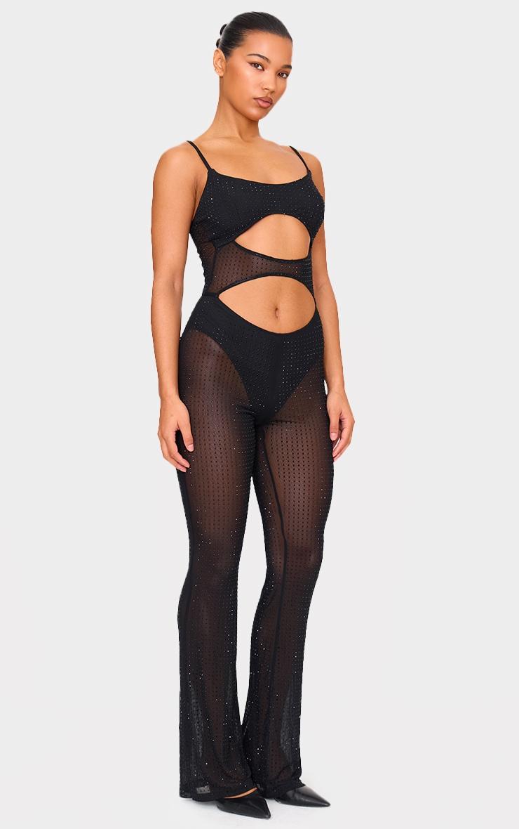 Black Diamante Hot Fix Mesh Cut Out Strappy Jumpsuit Product Image