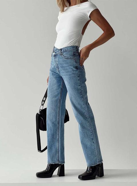 Holly Mid Rise Straight Leg Asymmetric Jean Light Wash Denim Product Image