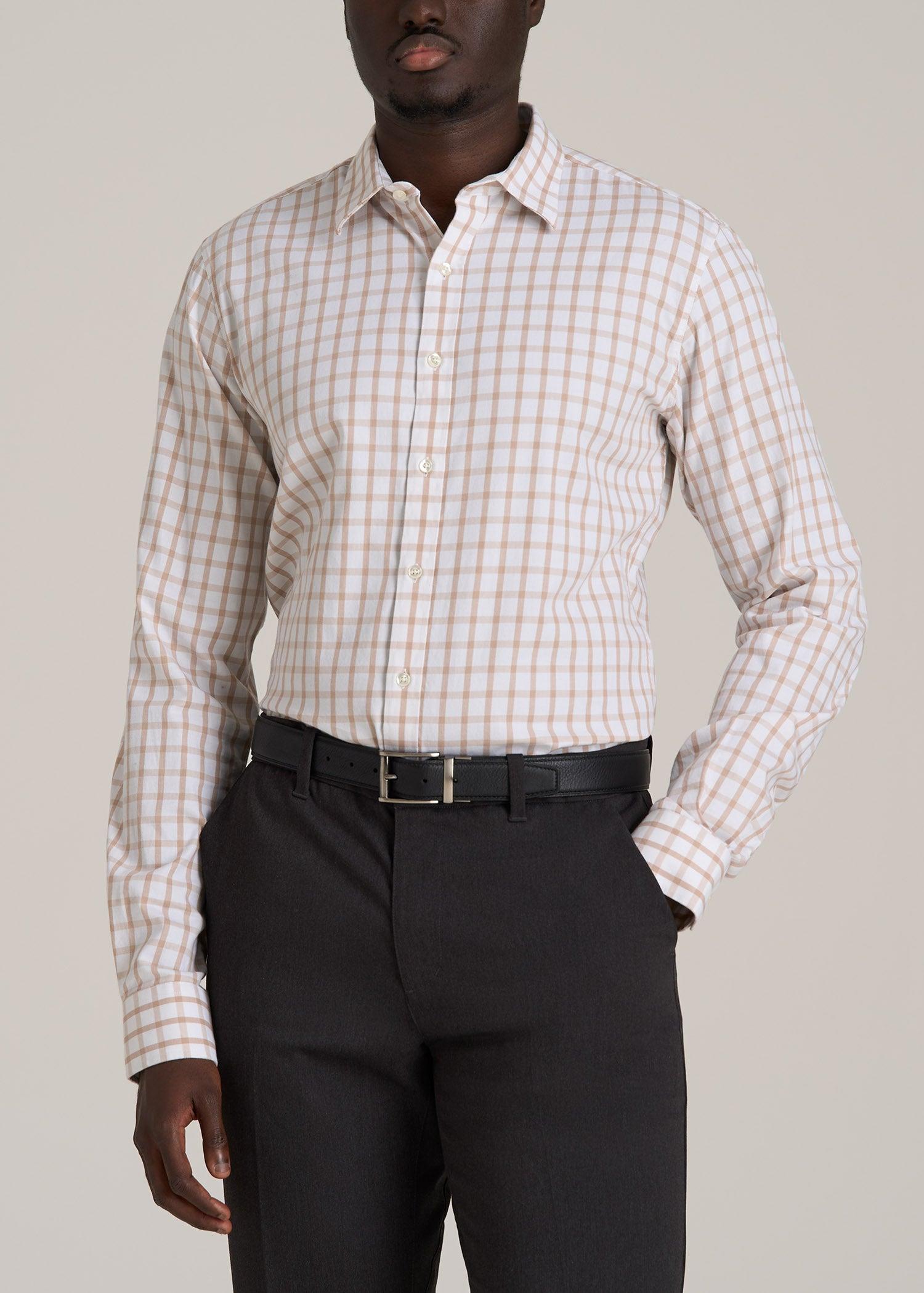Oskar Button-Up Dress Shirt for Tall Men in Beige Grid Male Product Image