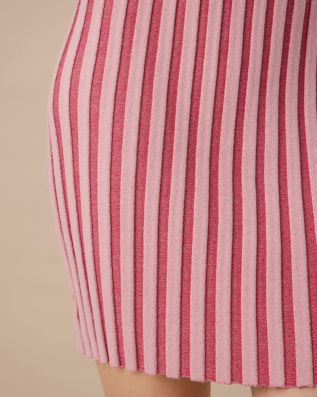 Pink Striped Off The Shoulder Bodycon Sweater Dress Product Image