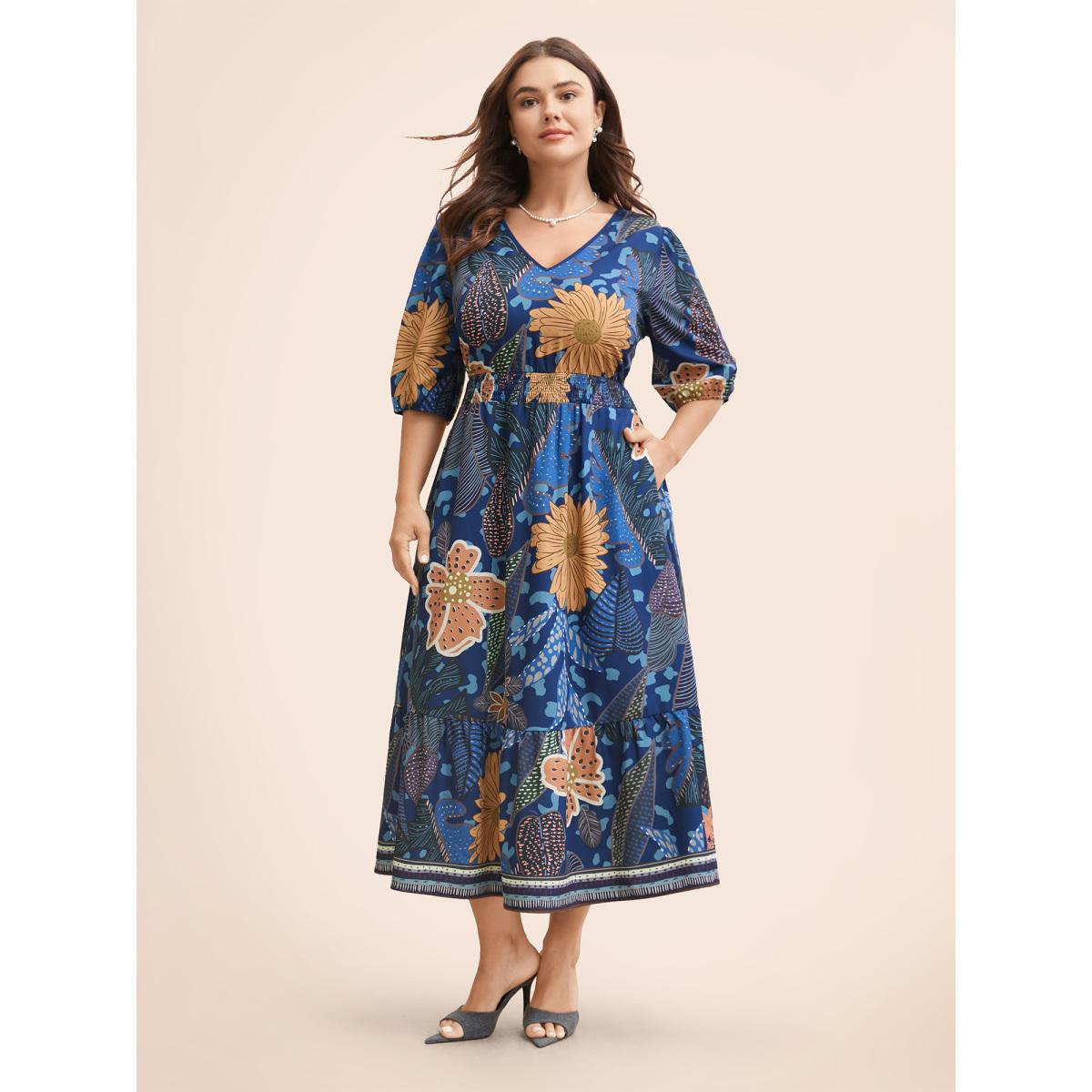 Plus Size Floral Shirred Lantern Sleeve Midi Dress Mediumblue Women Resort Gathered V-neck Half Sleeve Curvy BloomChic 12/L Product Image