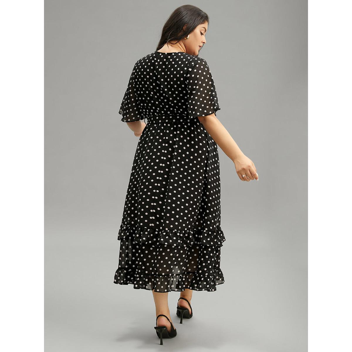 Plus Size Polka Dot Ruffles Pocket V Neck Mesh Belted Dress Black Women Elegant Lined V-neck Short sleeve Curvy Midi Dress BloomChic 12/L Product Image