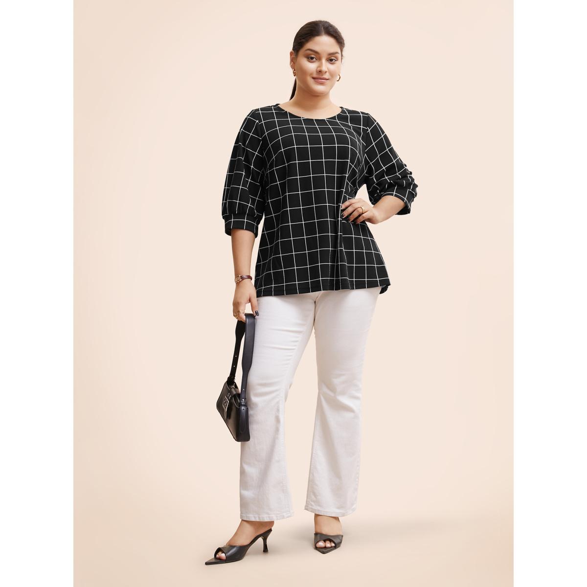 Plus Size Plaid Round Neck Lantern Sleeve T-shirt Black Women At the Office Printed Plaid Round Neck Office T-shirts BloomChic 22-24/3X Product Image