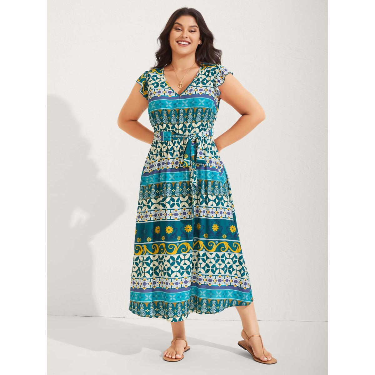Plus Size Rayon Boho Stretchy Waist Pockets Midi Dress Multicolor Women V-neck Cap Sleeve Curvy BloomChic 12/L Product Image