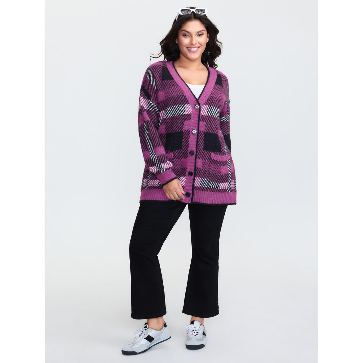 Plus Size Fuzzy Plaid Pattern Button Knit Cardigan RedViolet Women Playful Loose Long Sleeve Casual Cardigans BloomChic 14-16/1X Product Image