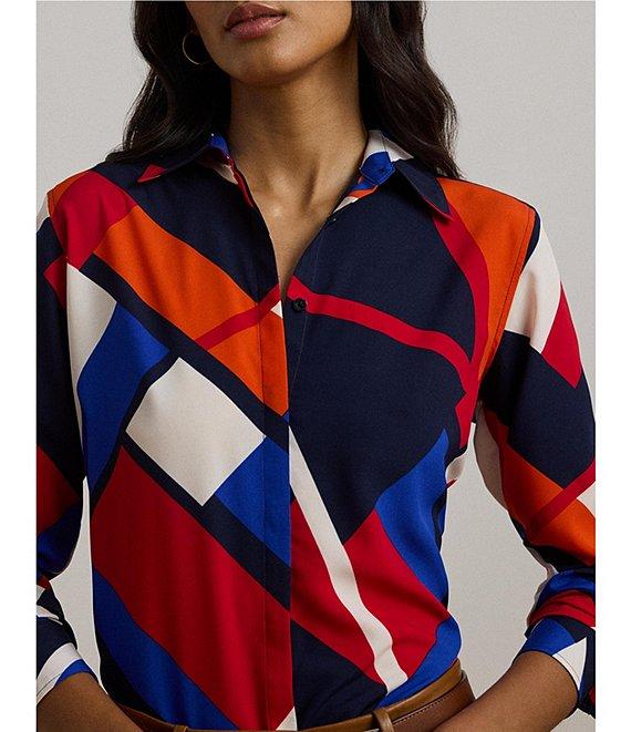Lauren Ralph Lauren Crepe de Chine Abstract Print Point Collar Long Sleeve Button-Front Shirt Product Image