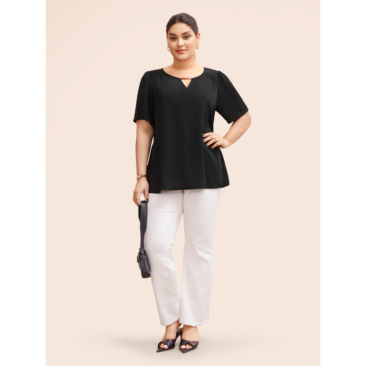 Plus Size Black Anti-Wrinkle Plain Metal Detail Keyhole Neck Blouse Women Office Short sleeve V-neck Work Blouses BloomChic 12/L Product Image