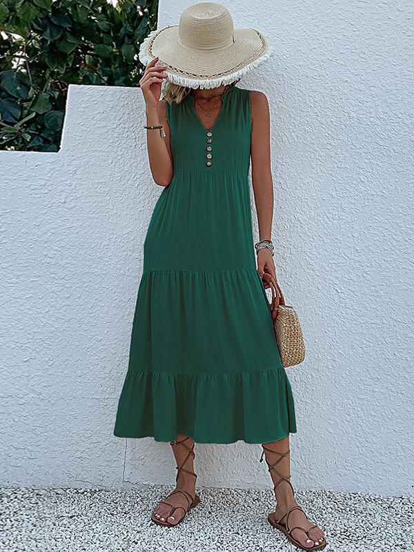 Loose Sleeveless Pleated Split-Joint V-Neck Midi Dresses Product Image