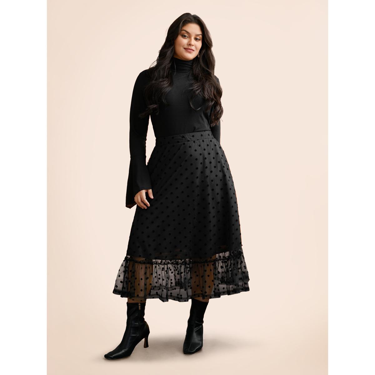 Plus Size Polka Dot Textured A-Line Midi Skirt Women Black Elegant See through No stretch Side seam pocket Everyday Skirts BloomChic 18-20/2X Product Image