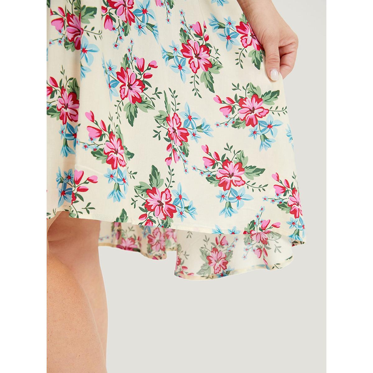 Plus Size Floral Print Open Front Knot Guipure Lace Ruffles Kimono Women Beige Vacation Printed Dailywear Kimonos BloomChic 10/M Product Image