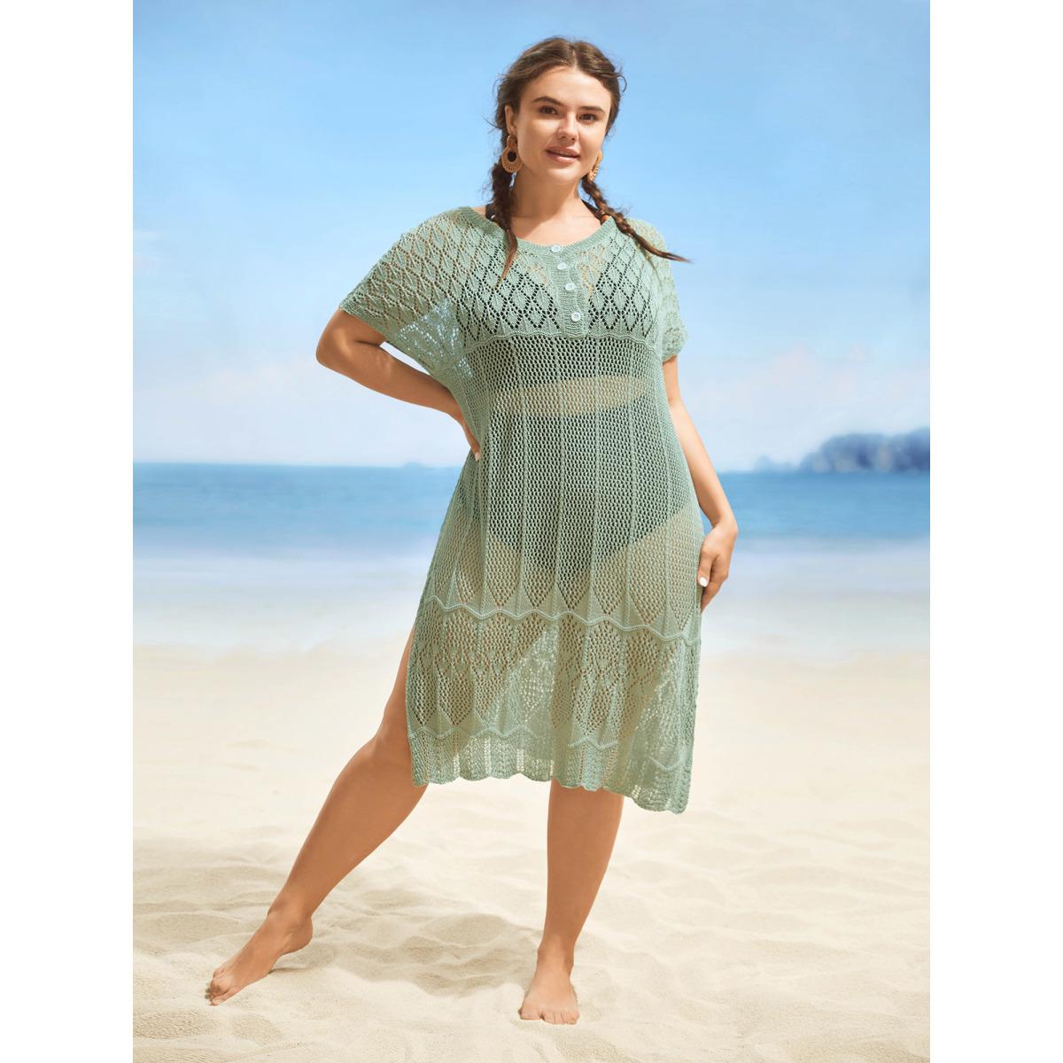 Plus Size Textured Cut Out Dolman Sleeve Swim Cover Up Women's Swimwear Sage Beach Loose Texture Curve Swim Cover Ups BloomChic 10/M Product Image