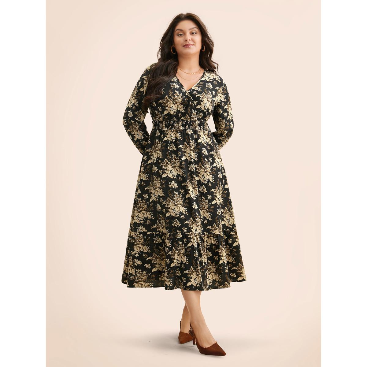 Plus Size Floral Overlap Collar Shirred Midi Dress BlackFlower Women Elegant Shirred Overlap Collar Long Sleeve Curvy BloomChic 12/L Product Image