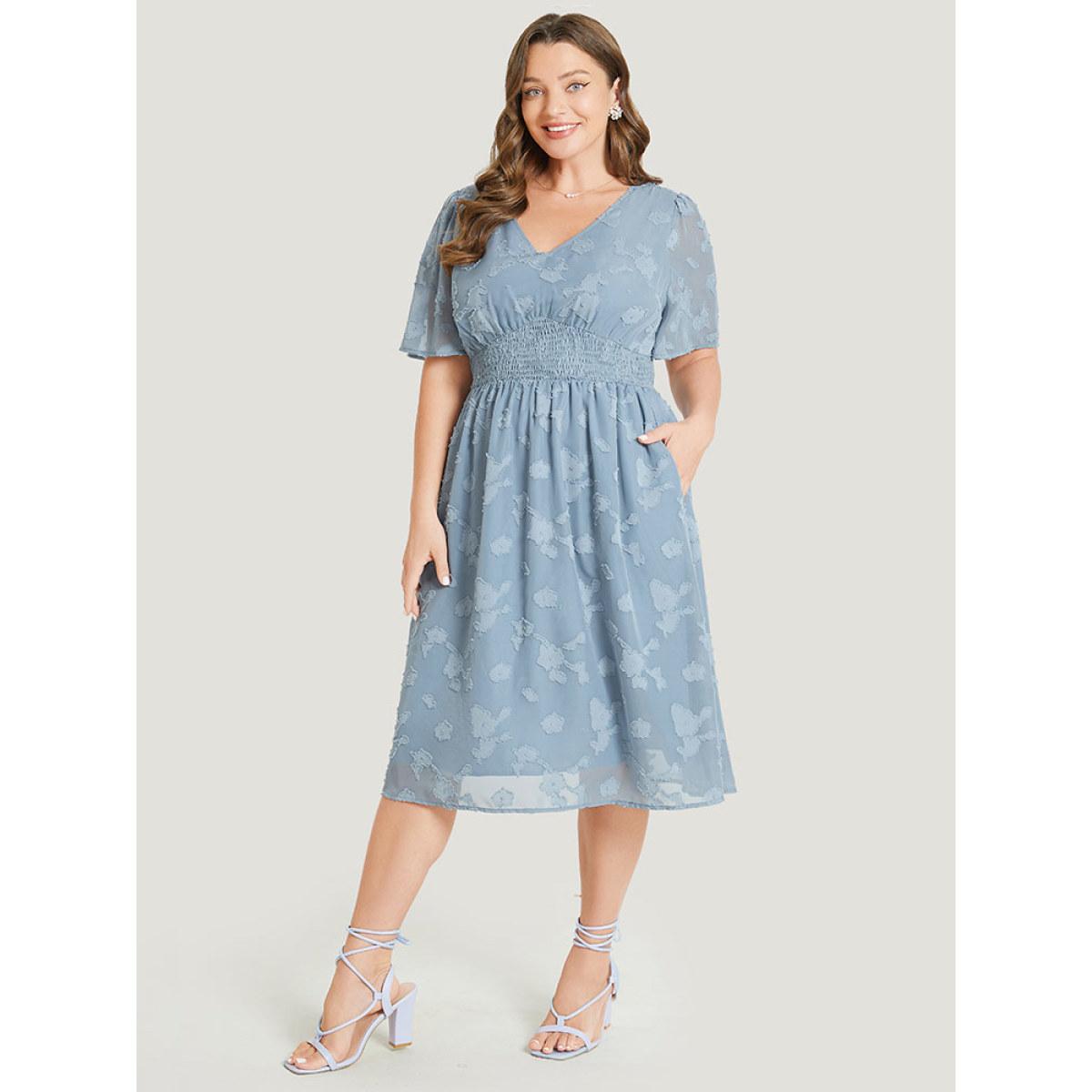 Plus Size Solid Textured Ruffle Pocket Shirred Waist Dress Stone Women Elegant Lined V-neck Short sleeve Curvy Midi Dress BloomChic 28/5X Product Image