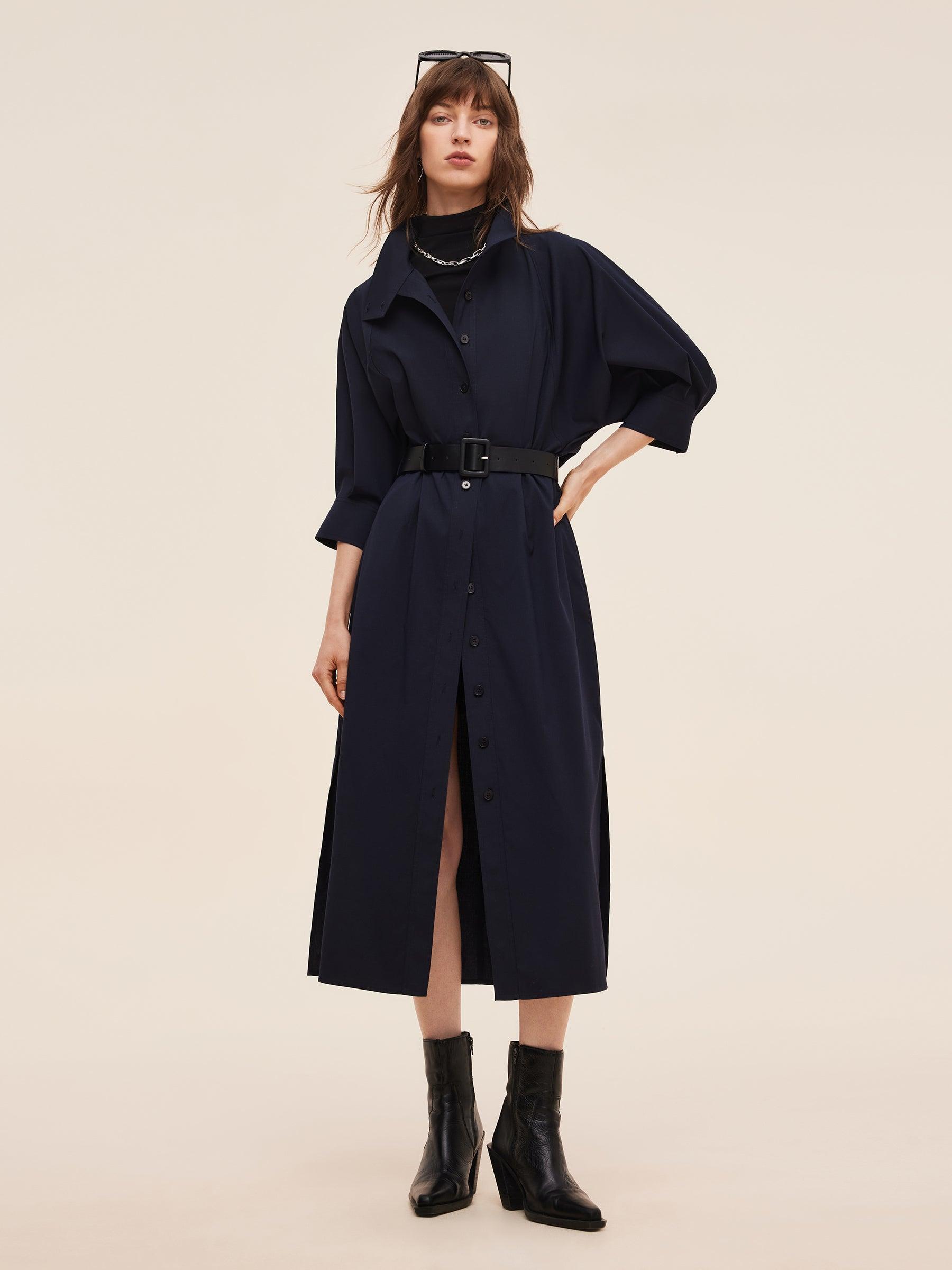 Adjustable Collar Women Trench Coat With Leather Belt Product Image