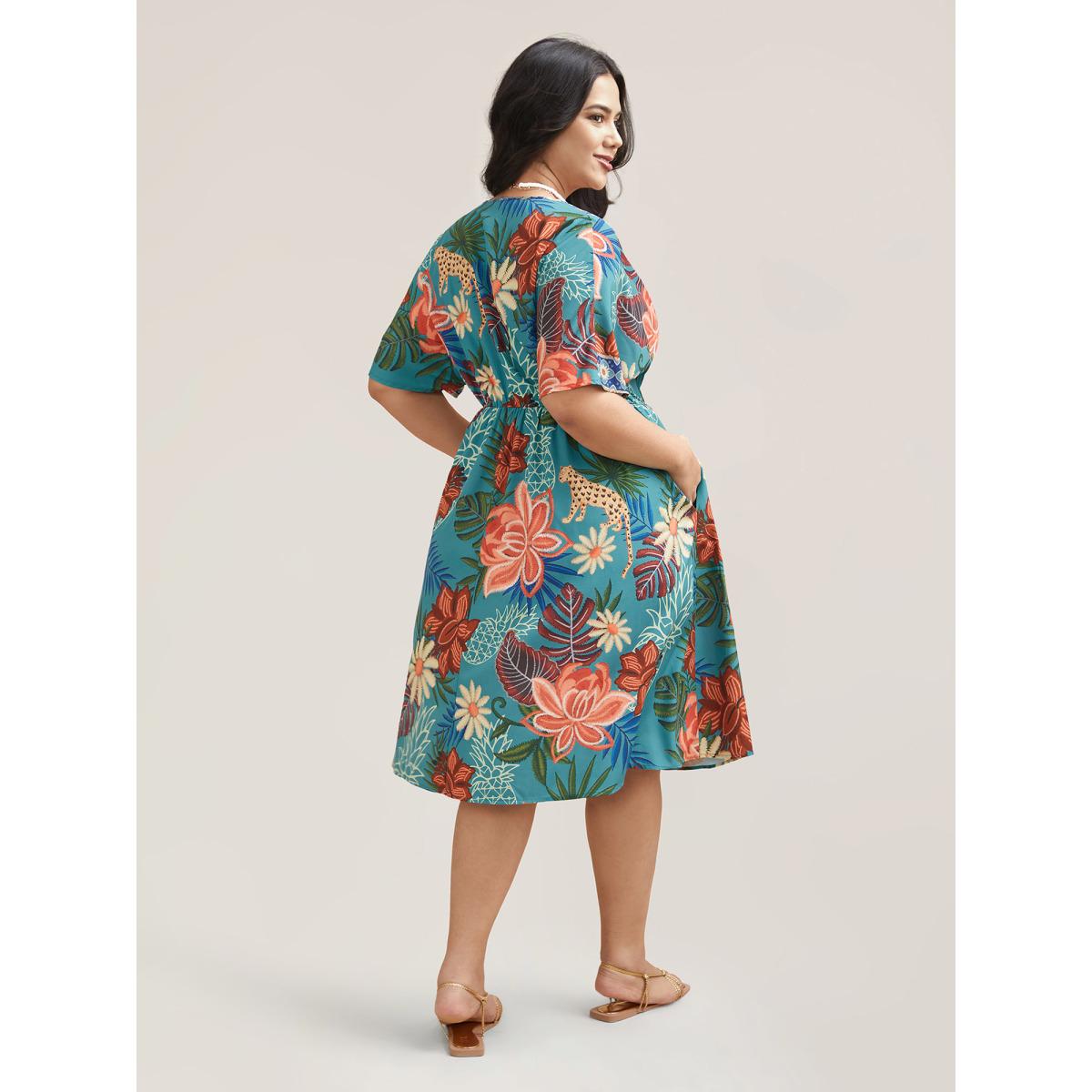 Plus Size Floral Print Surplice Neck Pockets Midi Dress Cerulean Women Resort Non Overlap Collar Short sleeve Curvy BloomChic 12/L Product Image