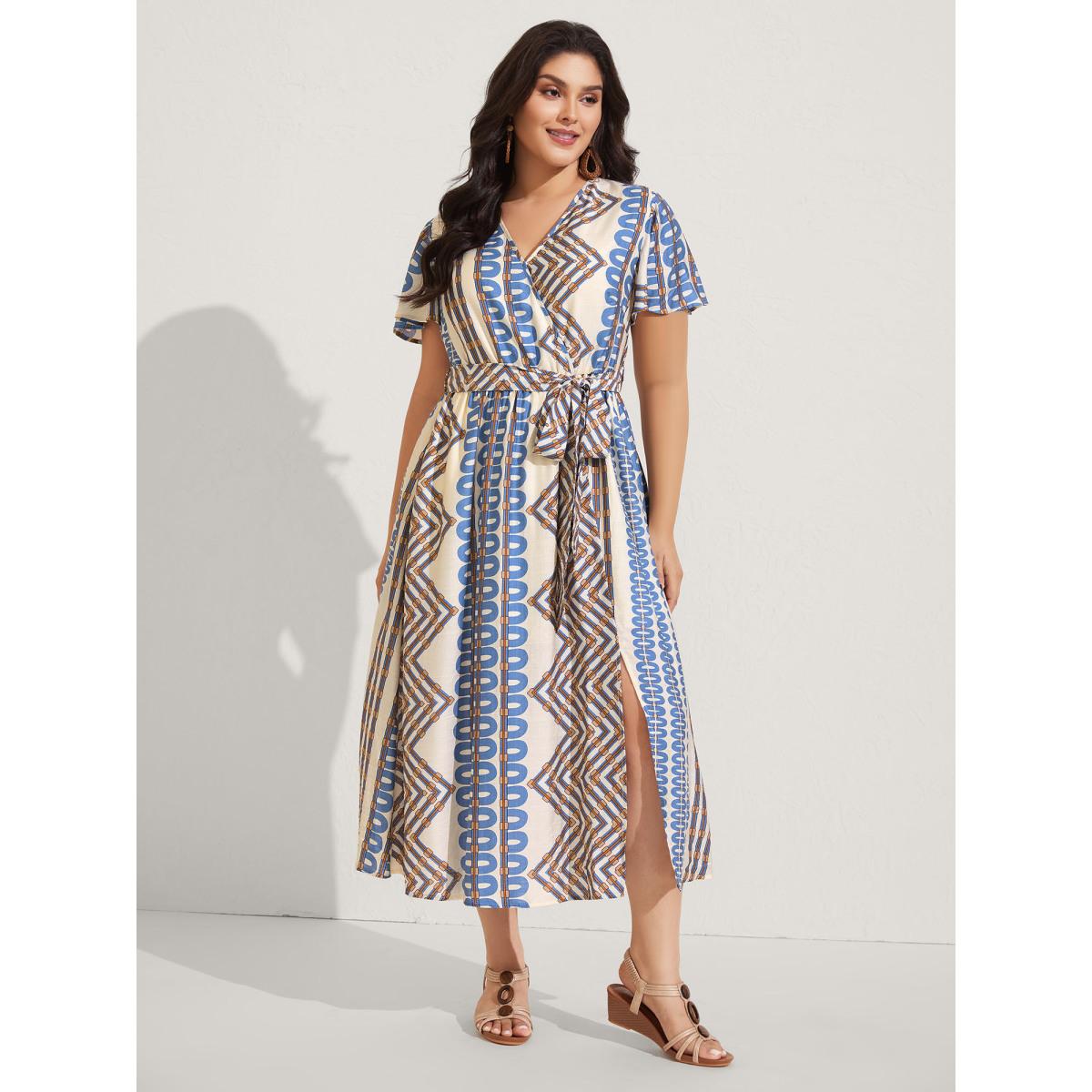 Plus Size Stripe Geometric Print Slit Maxi Dress Aegean Women Overlap Collar Sleeveless Curvy BloomChic 28/5X Product Image