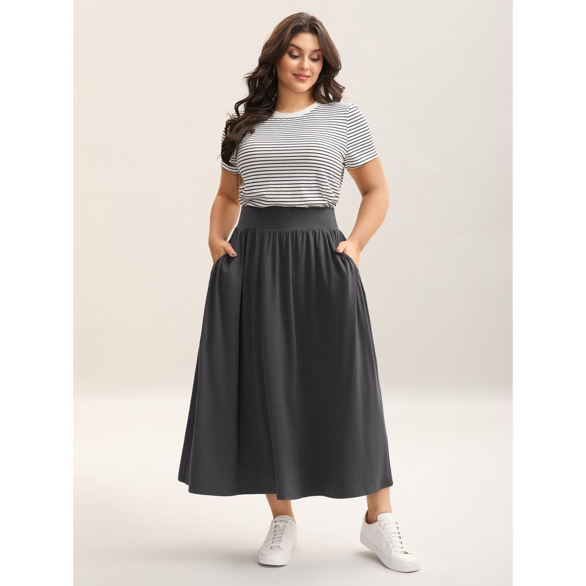 Plus Size Supersoft Wide Waistband Pleated Plain Midi Skirt Women DimGray Elegant Gathered Medium stretch Slanted pocket Everyday Skirts BloomChic 26/4X Product Image