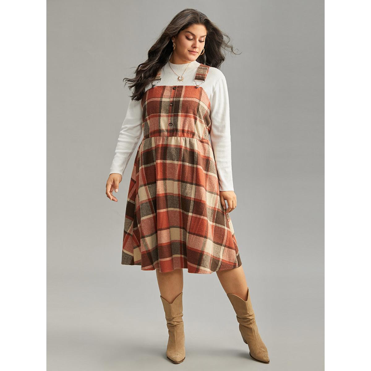 Plus Size Plaid Elastic Waist Button Detail Adjustable Straps Dress Chocolate Women Casual Adjustable Straps Spaghetti Strap Sleeveless Curvy Midi Dress BloomChic 22-24/3X Product Image
