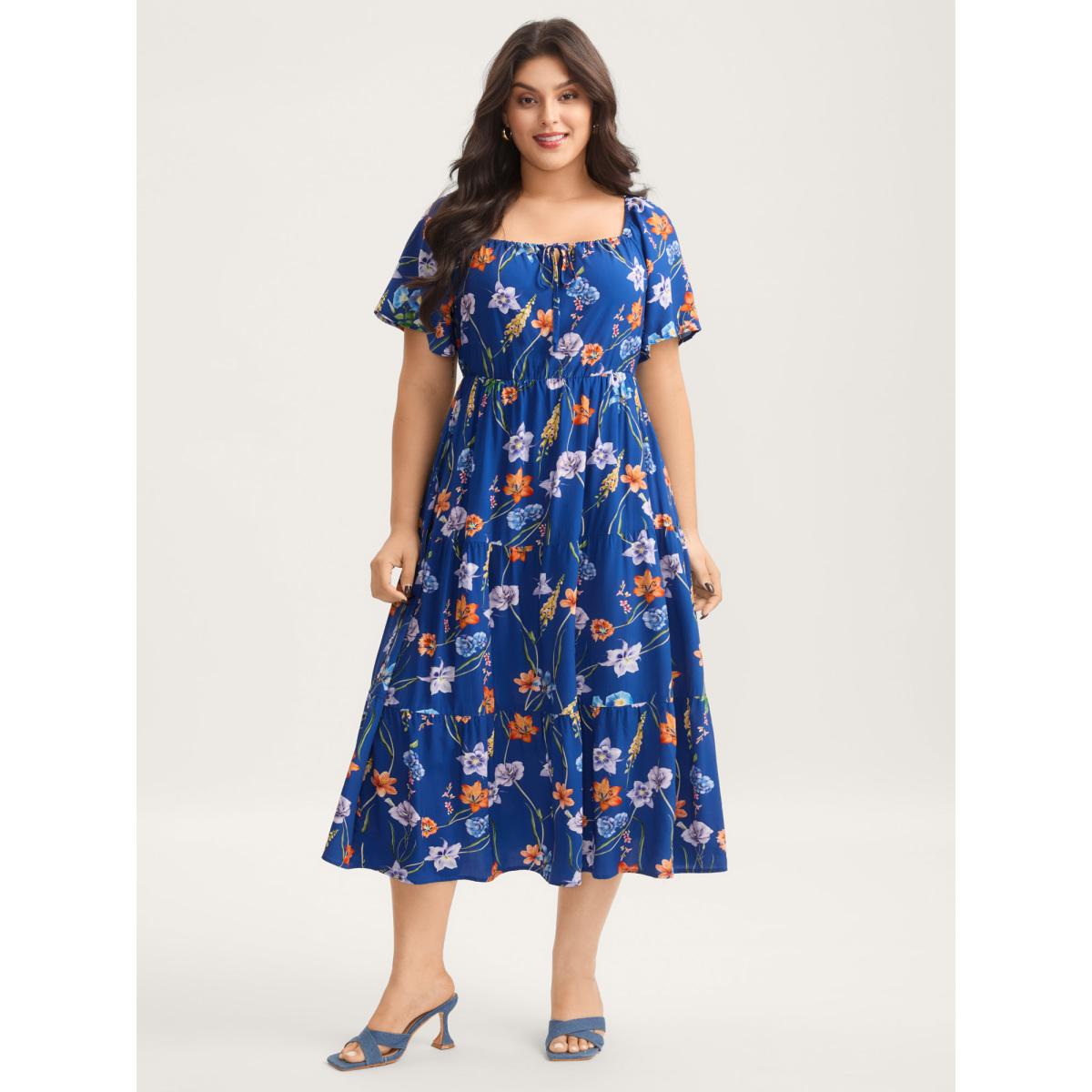 Plus Size Rayon Stretchy-Waist Floral Print Midi Dress Indigo Women Square Neck Short sleeve Curvy BloomChic 14-16/1X Product Image