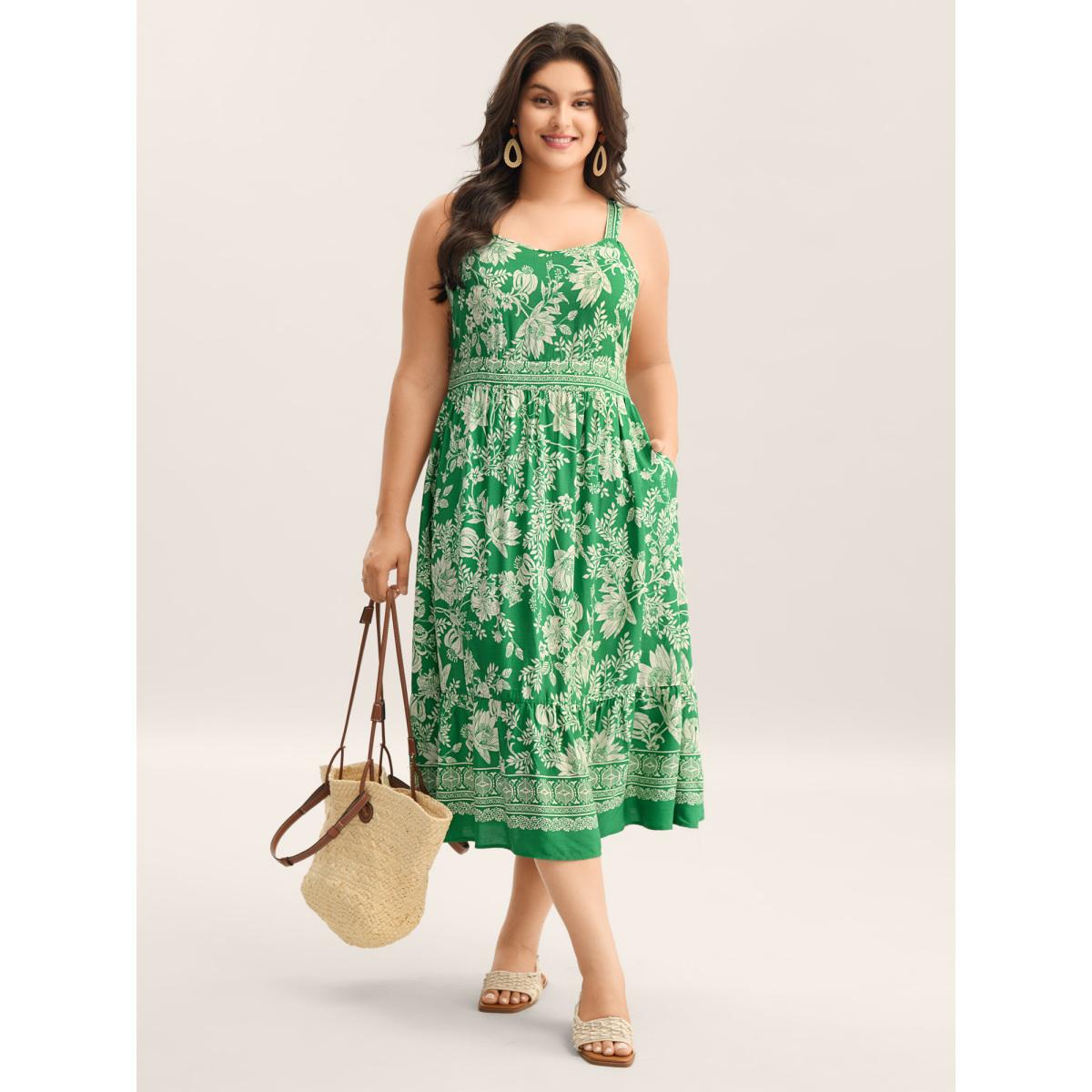 Plus Size Breezy Floral Print Adjustable Straps Midi Dress Emerald Women Non Sleeveless Curvy BloomChic 14-16/1X Product Image