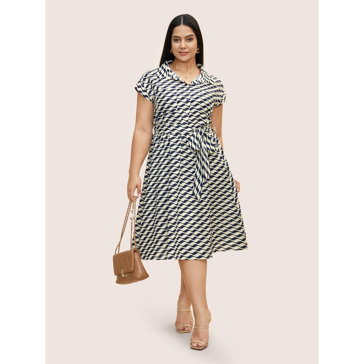 Plus Size Shirt Collar Striped Belted Midi Dress Navy Women At the Office Belted Shirt collar Cap Sleeve Curvy BloomChic 28/5X Product Image