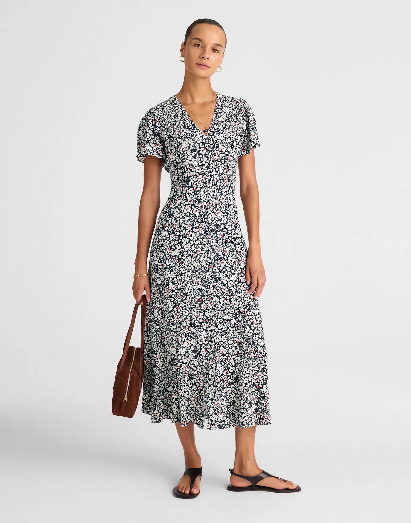 Button-Front Flutter-Sleeve Midi Dress in Floral Product Image