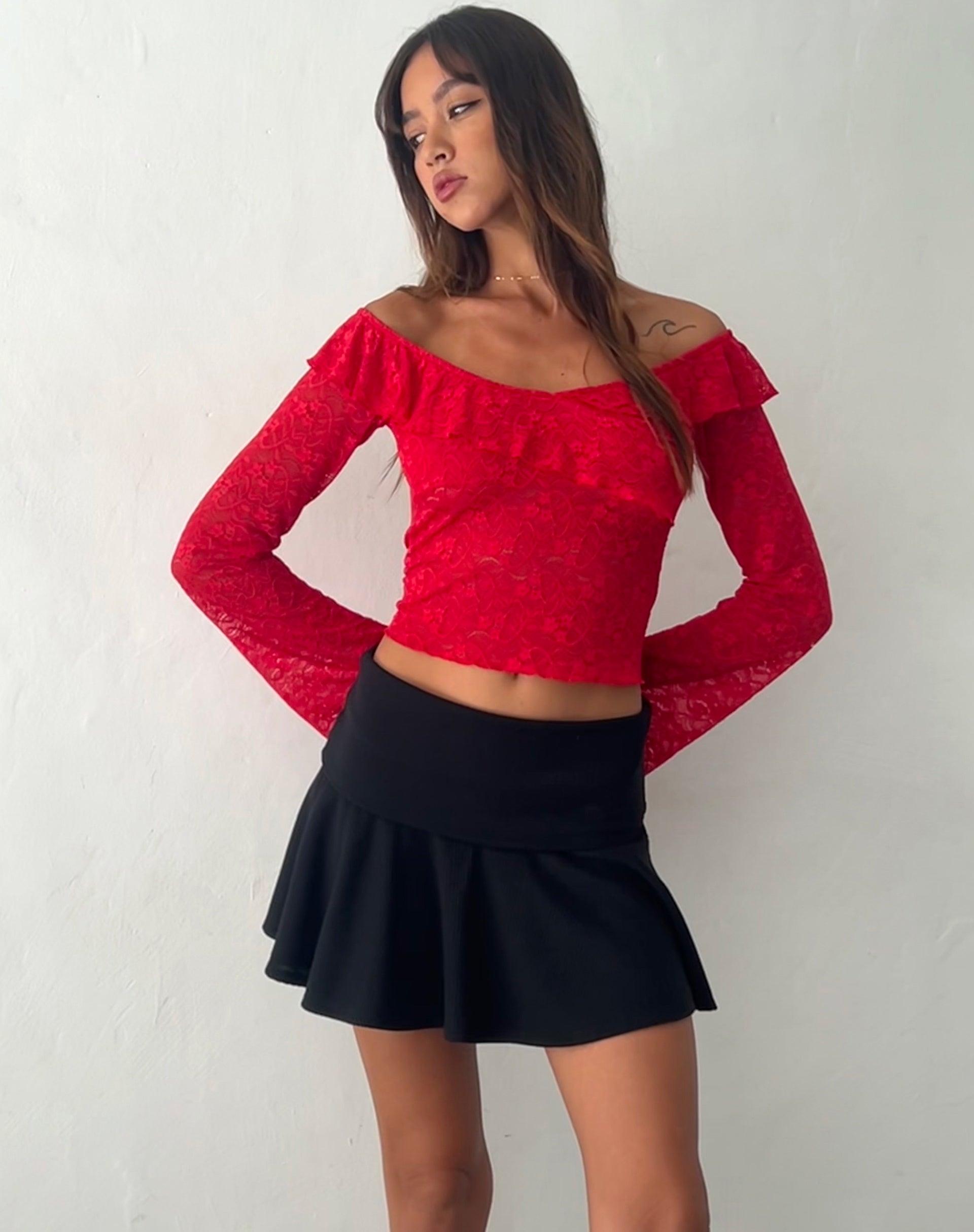 Soka Bardot Frill Top in Red Lace Female Product Image