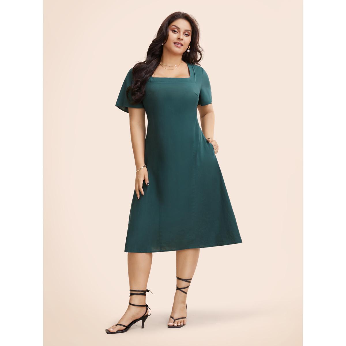 Plus Size Square Neck Ruffle Sleeve Shirred Dress ArmyGreen Women Elegant Shirred Square Neck Short sleeve Curvy BloomChic 28/5X Product Image